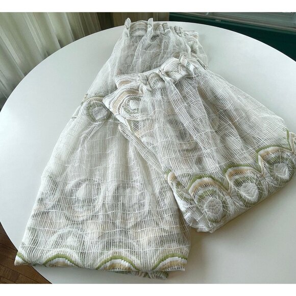 Vintage 70s pleated curtain, white with green/yellow groovy pattern, for 1 - Picture 8 of 10